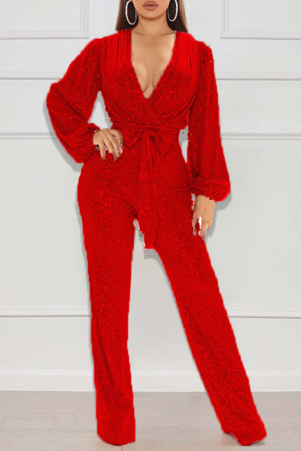 Deep V Neck Lantern Sleeve Sequin Tie Up Party Jumpsuit-Black