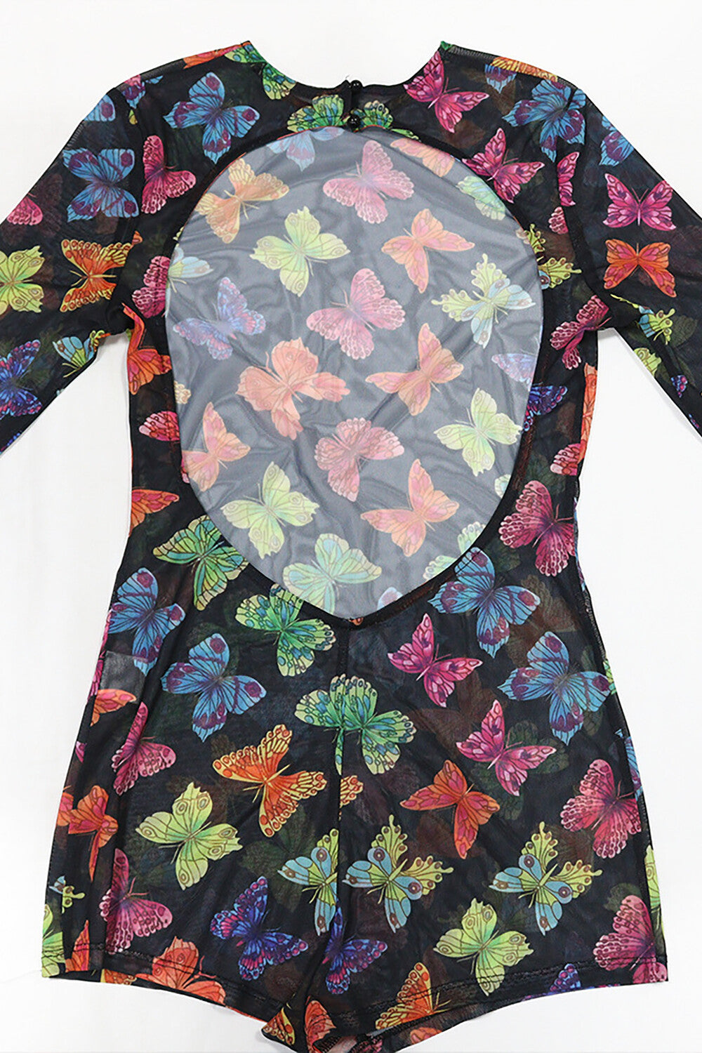Butterflies Print Long Sleeve See Through Mesh Playsuit Romper-Black