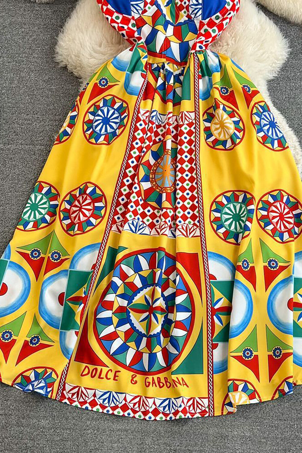 Geometric Print Sweetheart Neckline A-Line Vacation Slip Maxi Dresses-Yellow