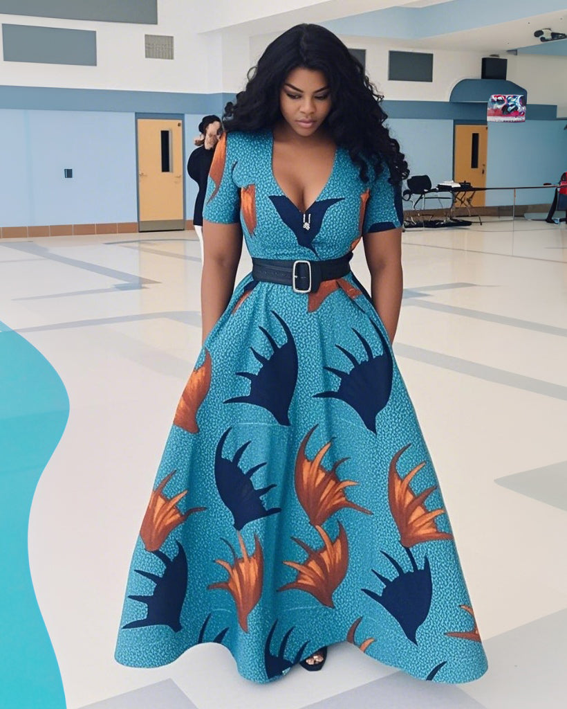 V Neck African Fun Prints Short Sleeve Maxi Dress
