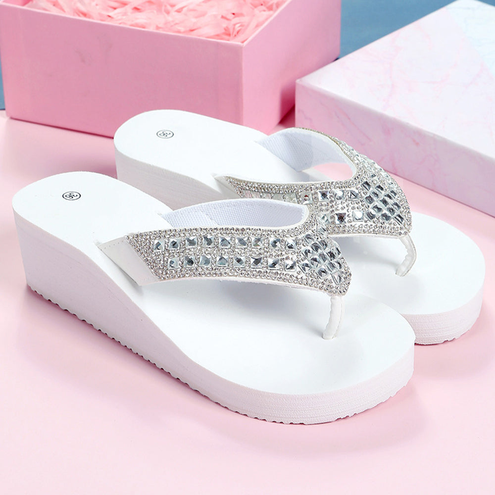 Rhinestone Decor Round Toe Flip Flops Wedge Slippers-Black