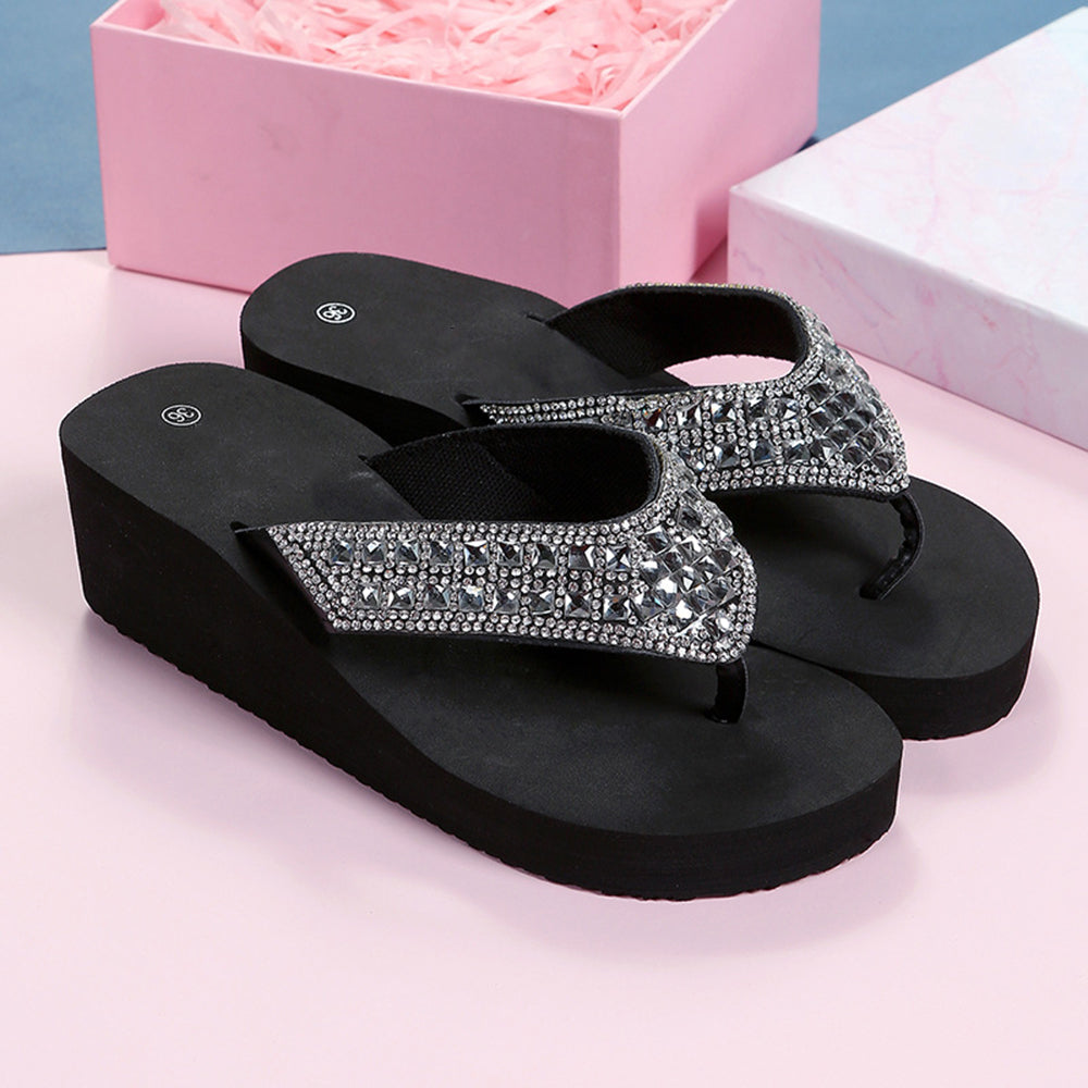 Rhinestone Decor Round Toe Flip Flops Wedge Slippers-Black