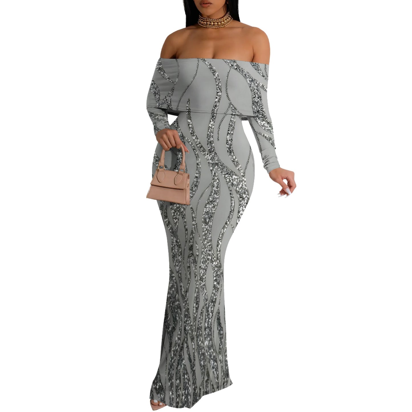 Women's Elegant off-Neck Evening Dress Printed Black Dress