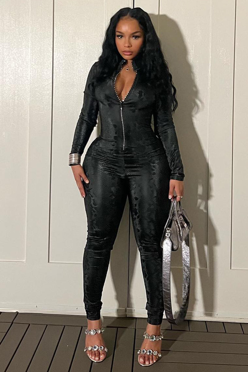 Snake Pattern Long Sleeve Zipper Slim Fit Jumpsuit-Black