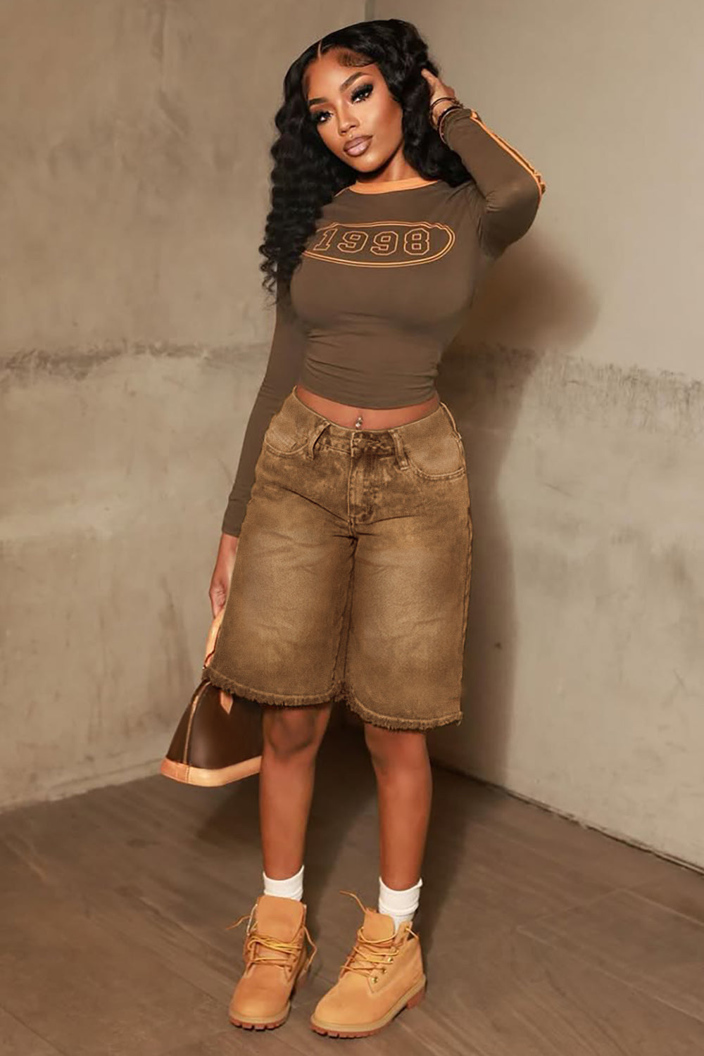 Denim Raw Edge Loose-Fitting Casual Shorts-Brown