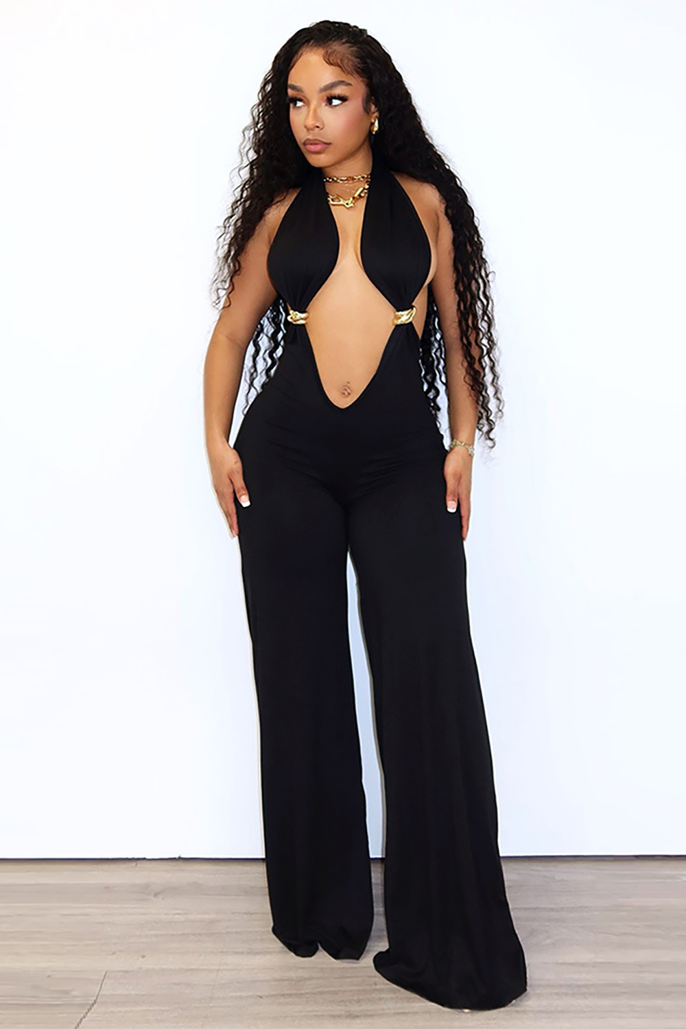 Halter Plunge Neck Wide Leg Solid Color Jumpsuit-Black