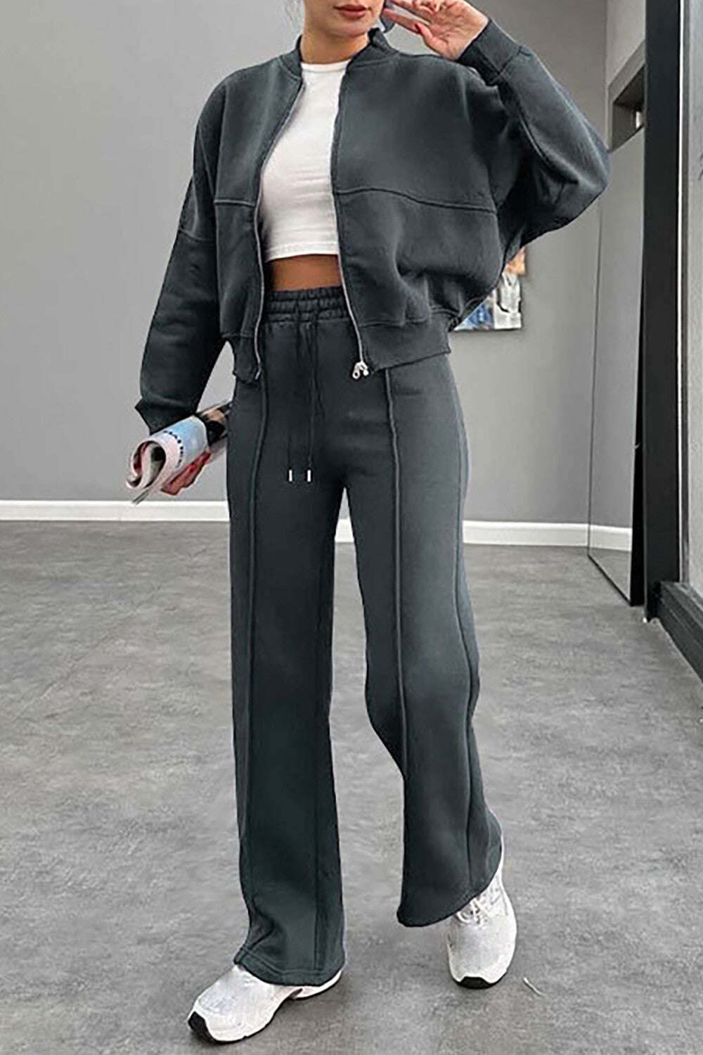 Solid Color Long Sleeve Zipper Track Jacket Casual Pants 2pcs Set-Brown
