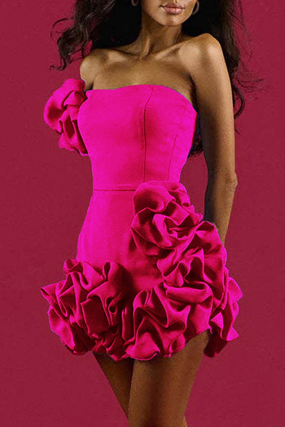 3D Petal Design Strapless Bodycon Party Mini Dresses-Blue