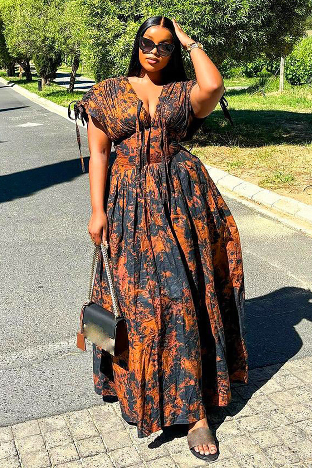 Abstract Print Deep V Neck Tie Up Short Sleeve Cinch Waist Maxi Dresses-Orange