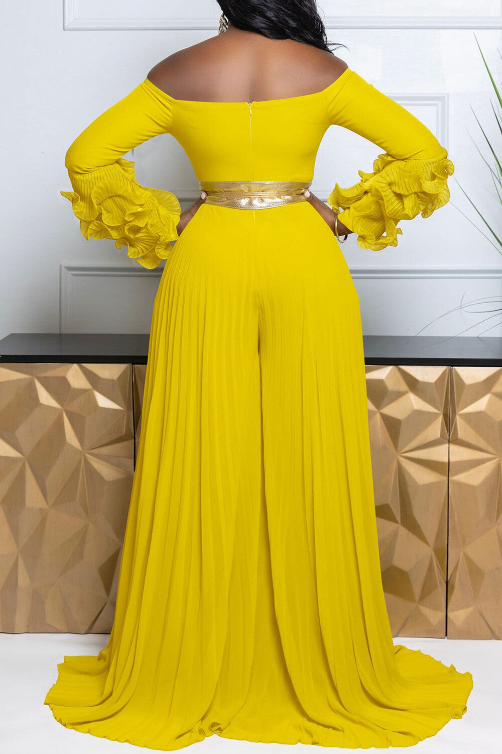 Off Shoulder Ruffled Long Sleeve Pleated Wide Leg Jumpsuit-Yellow