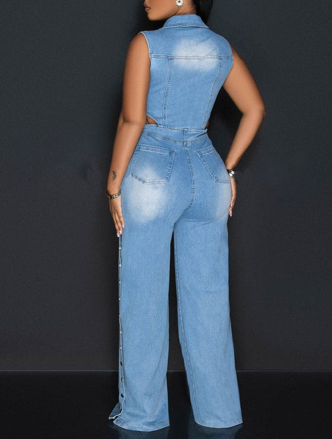 Sleeveless Cut Out Button Up Wide Leg Side Slit Party Denim Jumpsuit(⏰Free Shipping)