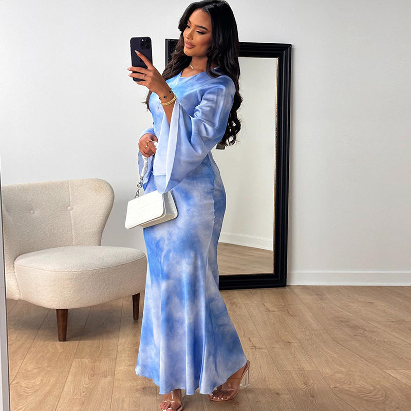 round Neck Dress Printed Bell Sleeve Slim Fit Pullover Street Mid-Rise Fishtail Dress