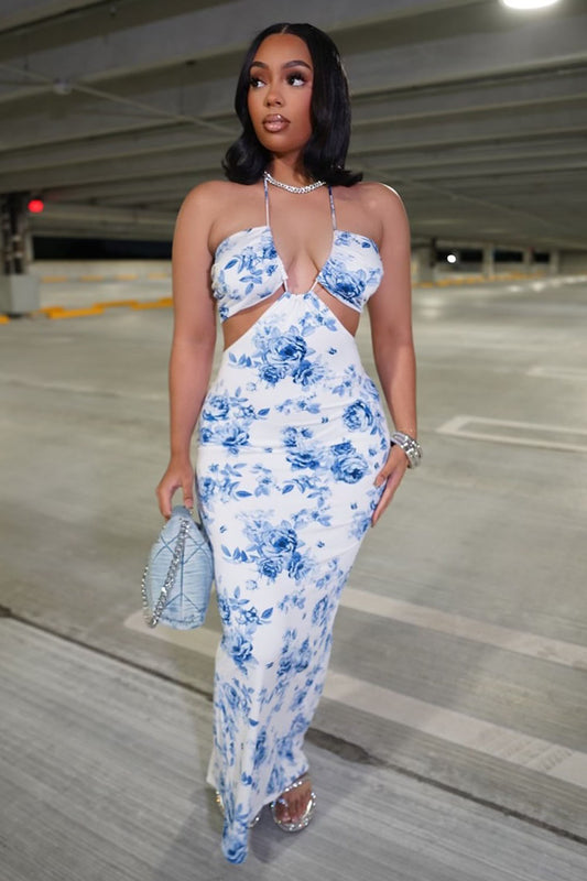 Floral Print Halter Cutout Slim-Fit Vacation Maxi Dresses-White [Pre Order]