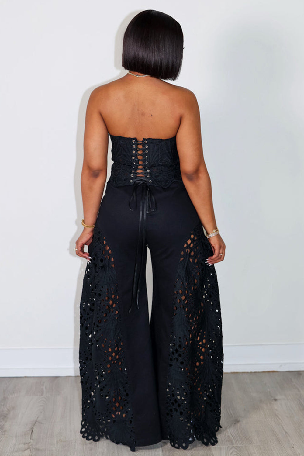 Corset Tube Top Cutwork Patchwork Pants Vacation 2pcs Set-White