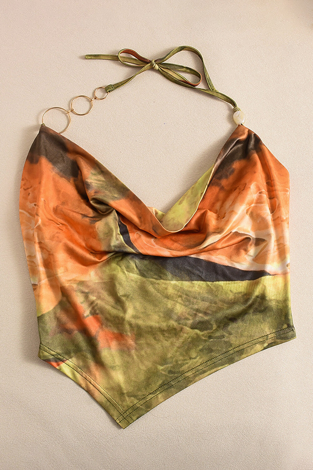Multicolor Print Halter Neck Irregular Crop Top-Green