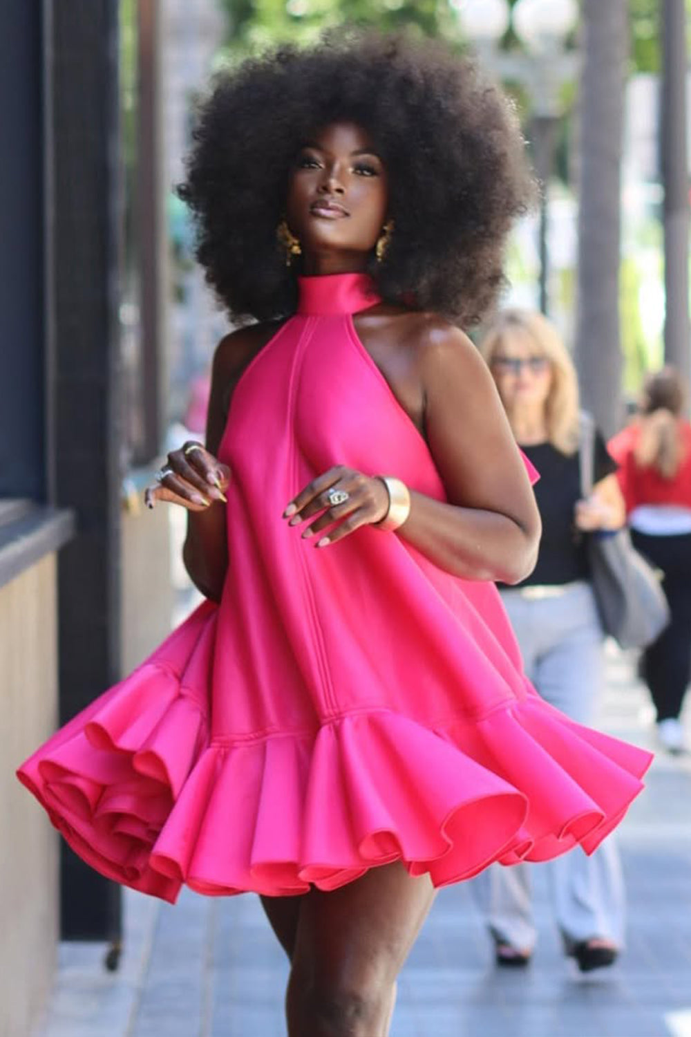 Halter Ruffle Hem Valentine Party Mini Swing Dresses-Fuchsia [Pre Order]