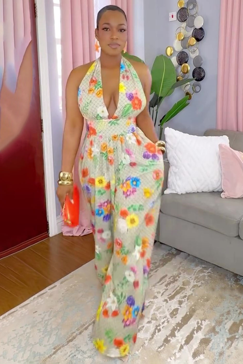 Deep V Halter Backless Floral Print Vacay Wide Leg Jumpsuit-Beige [Pre Order]