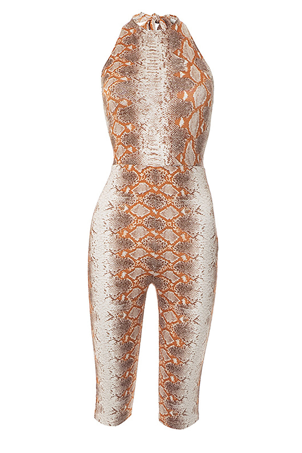 Snake Pattern Halter Neck Slim Fit Capri Jumpsuit-Brown