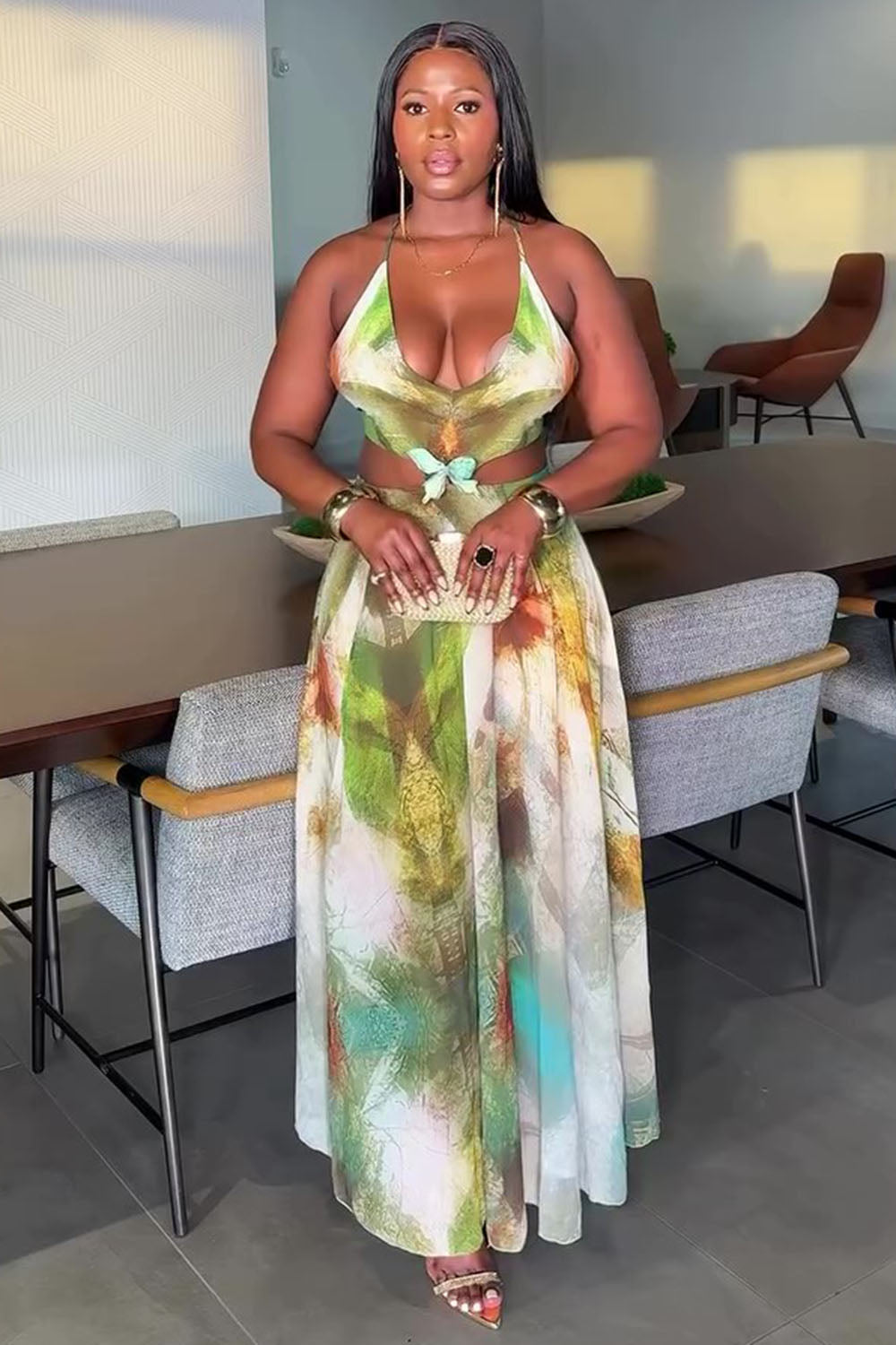 Scoop Neck Halter Cutout Print Vacation Maxi Dresses-Green [Pre Order]