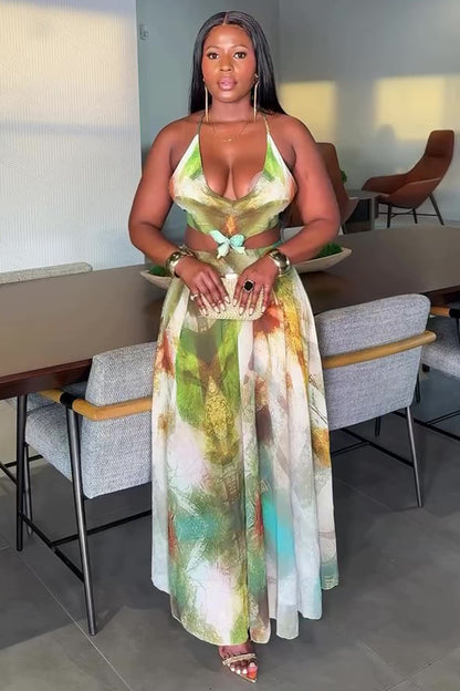 Scoop Neck Halter Cutout Print Vacation Maxi Dresses-Green [Pre Order]
