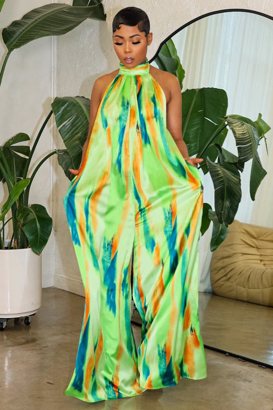 Backless Tie Dye Print Vacay Oversize Wide Leg Jumpsuit-Green [Pre Order]