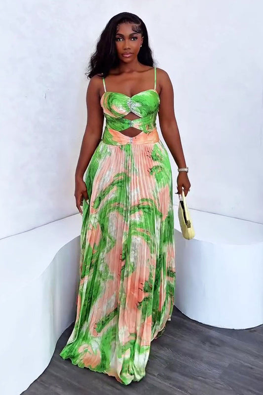 Floral Print Cut Out Pleated Vacation Maxi Slip Dresses-Green [Pre Order]
