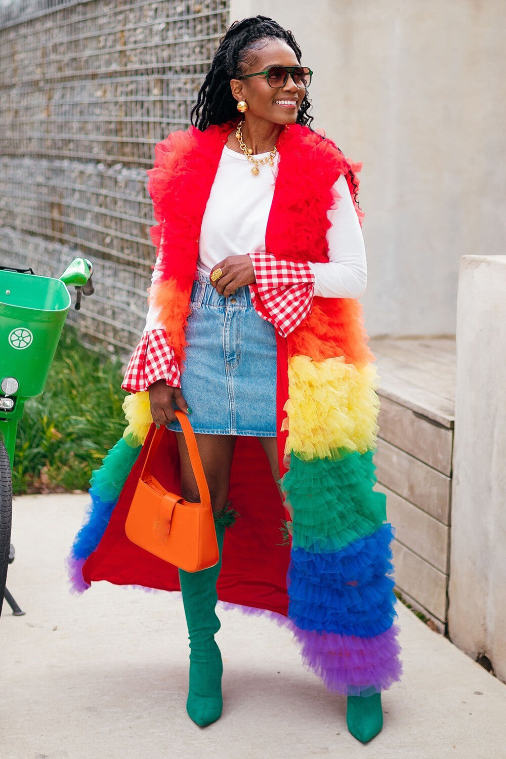 Rainbow-Colored Tulle Tiered Ruffled Sleeveless Long Vest Coat-Red [Pre Order]