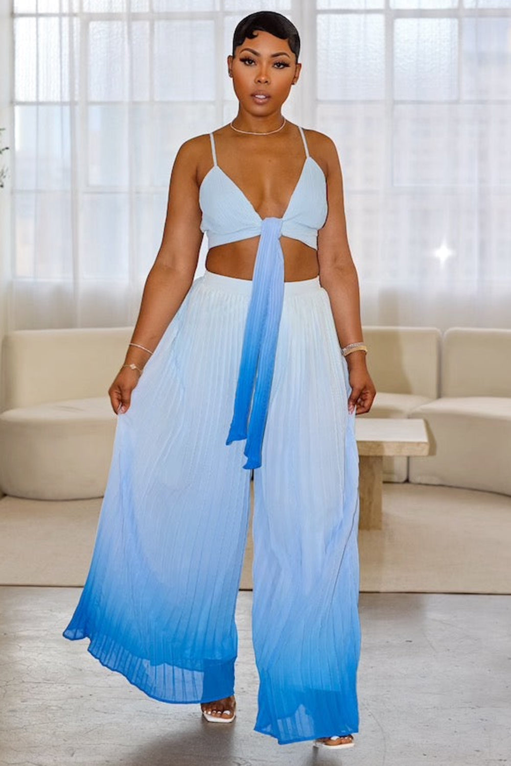 V Neck Sash Cami Top Ombre Wide Leg Pants Vacay 2pcs Set-Blue [Pre Order]