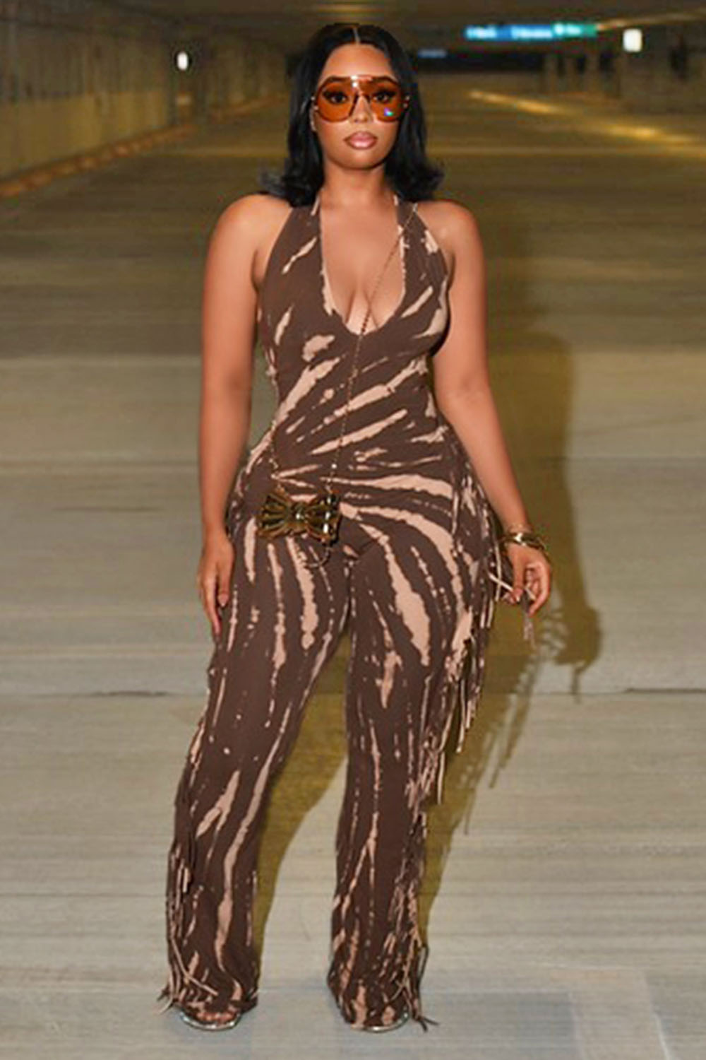 Halter U Neck Tie Dye Print Fringe Daily Wide Leg Jumpsuit [In Stock]
