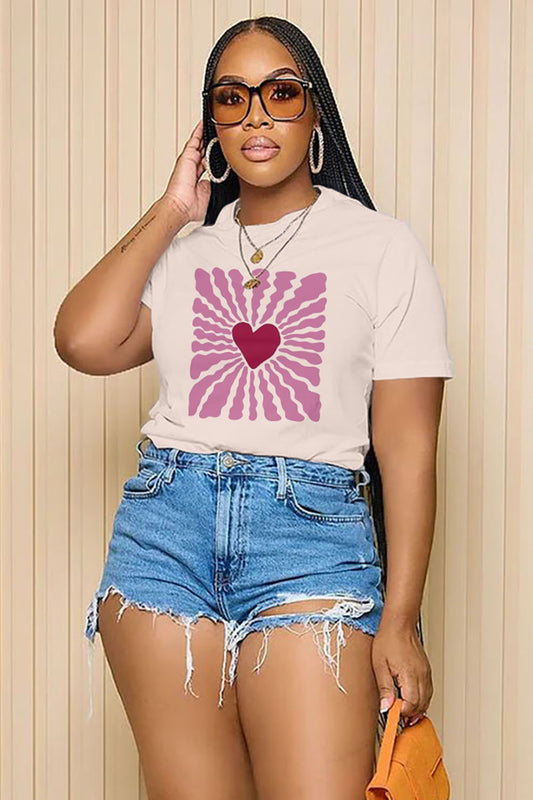 LORAGAL Heart Graphic Print Short Sleeve Casual T-Shirt-Beige