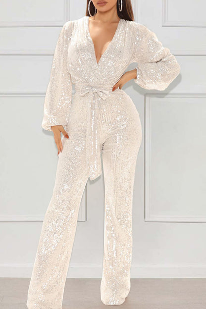 Deep V Neck Lantern Sleeve Sequin Tie Up Party Jumpsuit-Black