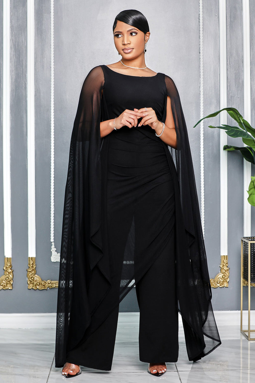 Boat Neck Mesh Slit Sleeve Asymmetric Layer Party Jumpsuit-Black [Pre Order]