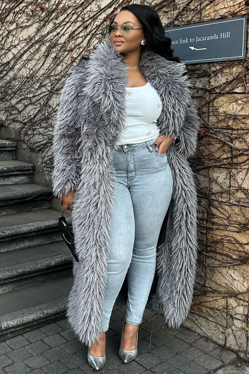 Shawl Collar Long Sleeve Front Opened Faux Fur Long Coat-Gray [Pre Order]