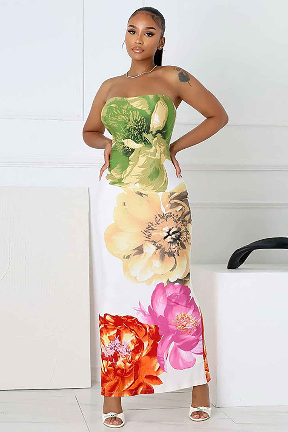 Floral Print Bodycon Maxi Tube Dresses-White