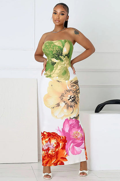 Floral Print Bodycon Maxi Tube Dresses-White