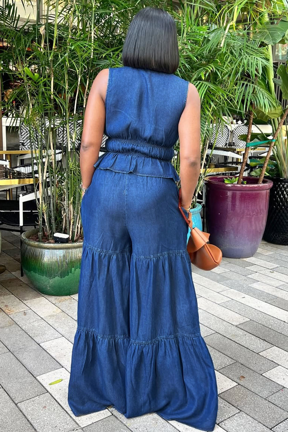 V Neck Peplum Vest Tiered Wide Leg Pants Denim 2pcs Set-Blue [Pre Order]