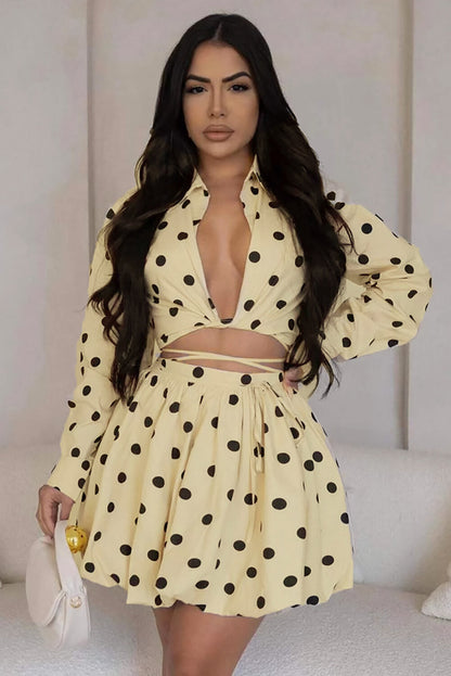 Polka Dot Print Long Sleeve Crop Blouse Bubbled Mini Skirt 2pcs Set-Yellow