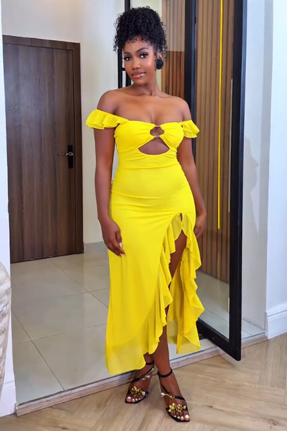 Flutter Sleeve Cutout Ruffle Slit Vacation Midi Dresses-Yellow [Pre Order]