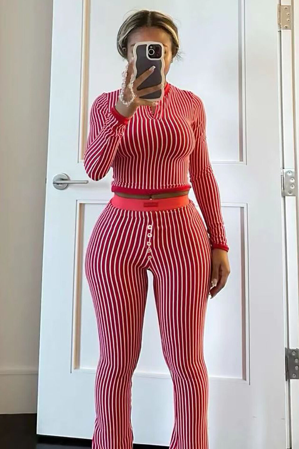 Striped Print Long Sleeve Crop Top High Waist Slim Fit Pants 2pcs Set-Red