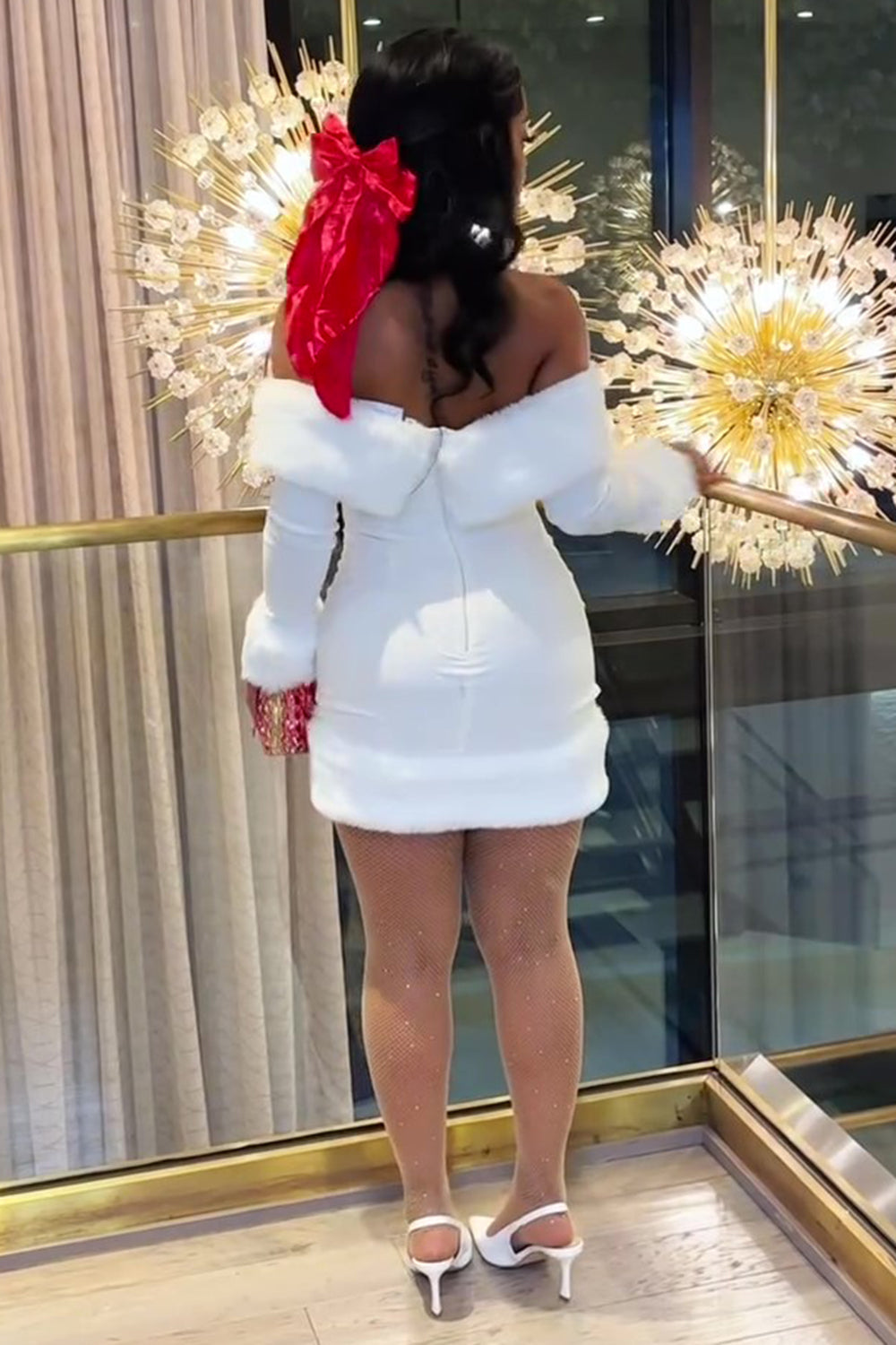 Off Shoulder Long Sleeve Fuzzy Trim Party Mini Dresses-White [Pre Order]