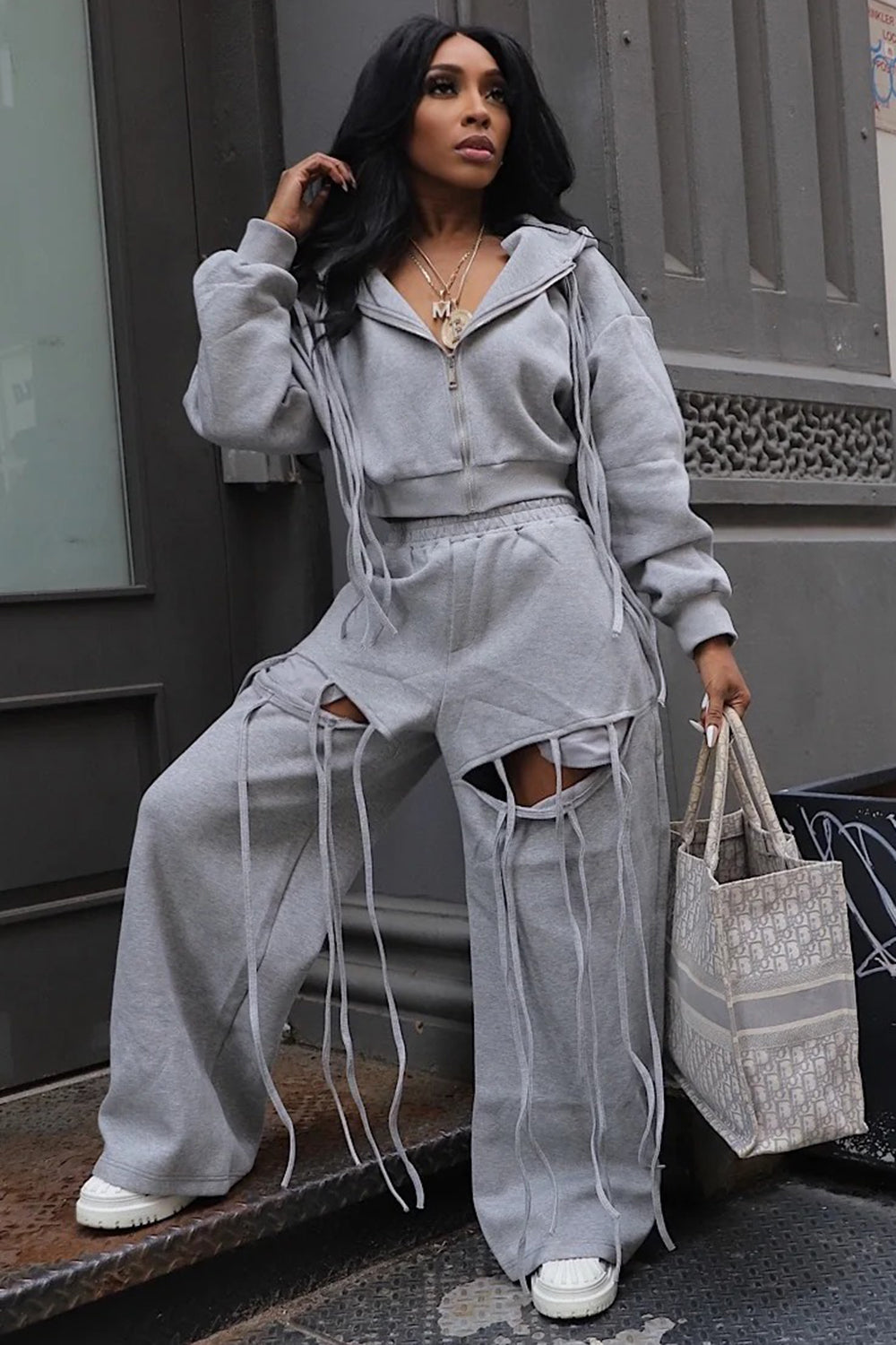 Fringe Zip-Up Crop Hoodie Ripped Wide Leg Pants 2pcs Set-Gray [Pre Order]