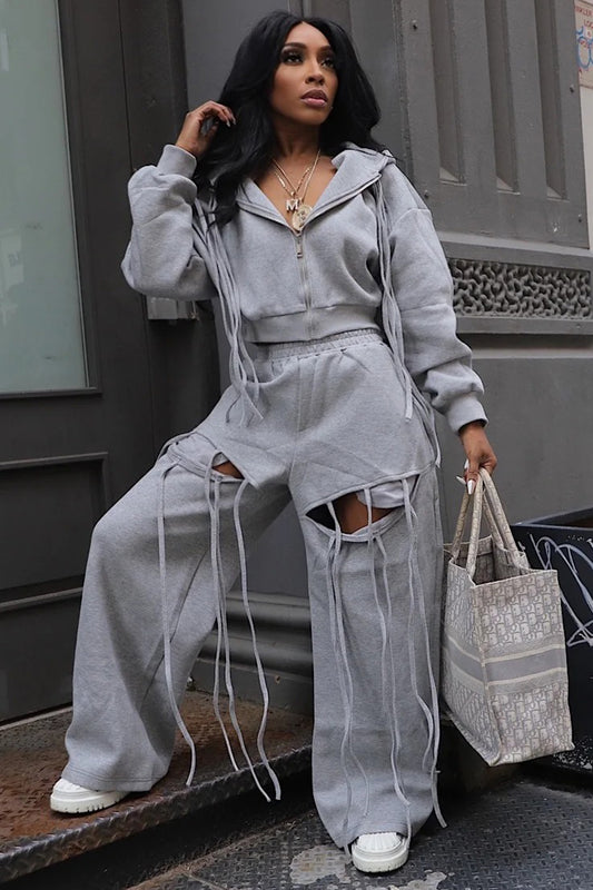 Fringe Zip-Up Crop Hoodie Ripped Wide Leg Pants 2pcs Set-Gray [Pre Order]