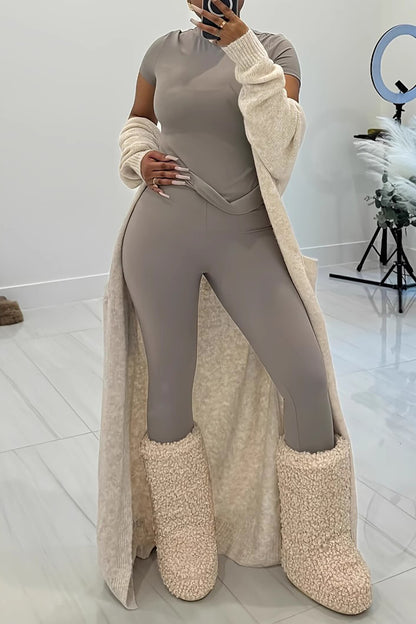 Knit Solid Color Pocket Casual Sweater Long Cardigan-Beige