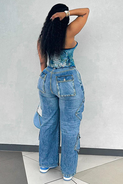 Oversize Pockets Denim High Waist Straight Leg Casual Jeans-Blue