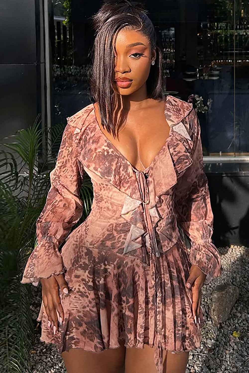 Deep V Neck Long Sleeve Leopard Print Ruffled Mini Dresses-Brown