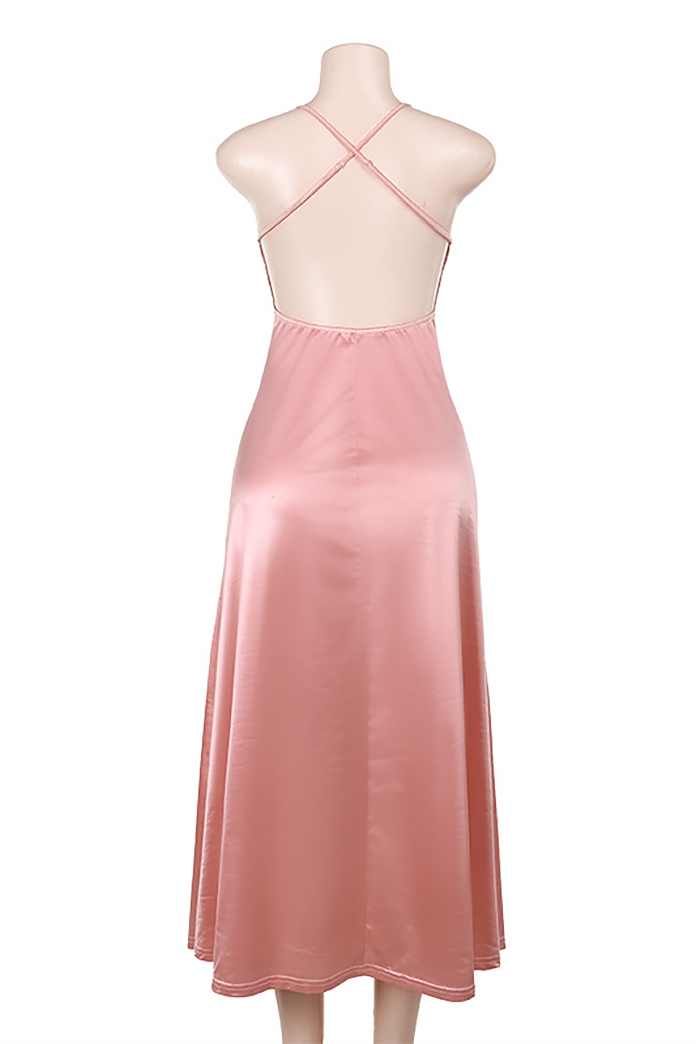 Deep V Neck Backless Slim Fit Solid Color Slip Midi Dresses-Pink