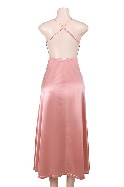 Deep V Neck Backless Slim Fit Solid Color Slip Midi Dresses-Pink