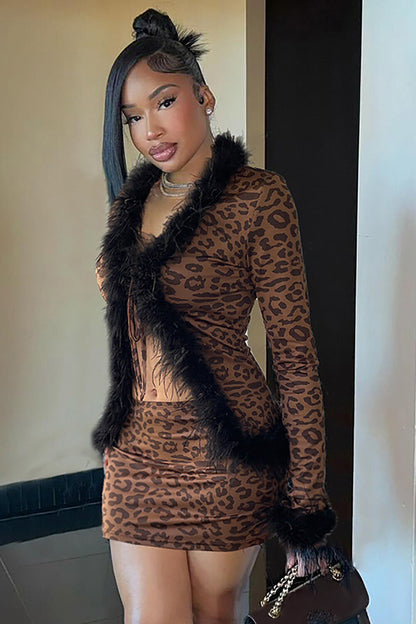 Faux Fur Trim Tie Up Long Sleeve Top Leopard Print Mini Skirt 2pcs Set-Brown