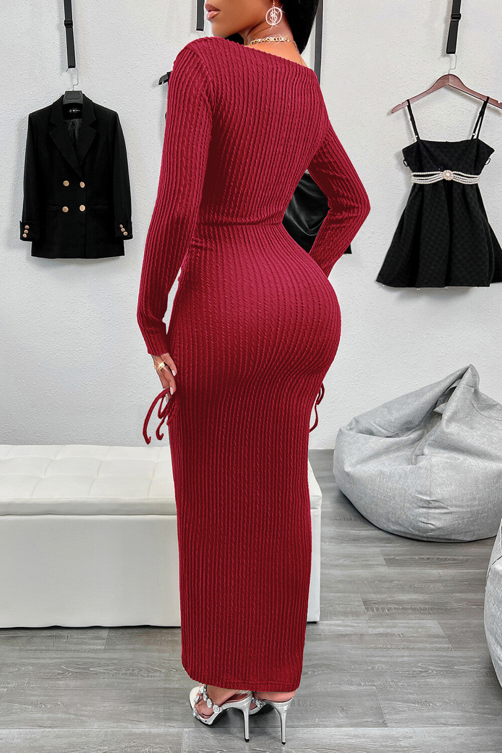 Skew Neck Long Sleeve Textured Knit Ruched Bodycon Maxi Dresses-Green