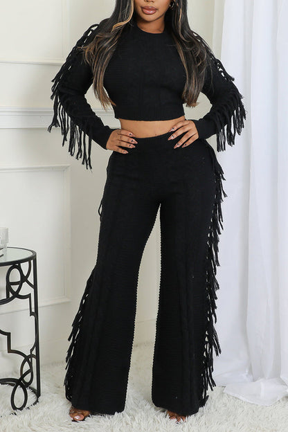 Stylish Fringes Knitted Sweater & Pants Set